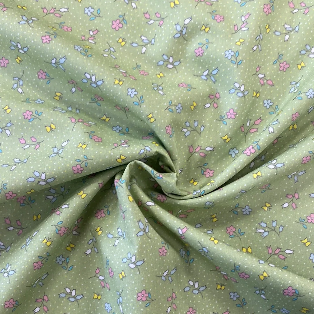 100% Cotton Poplin  - Mini floral - Green - £6.50 Per Metre -  Sold by Half Metre