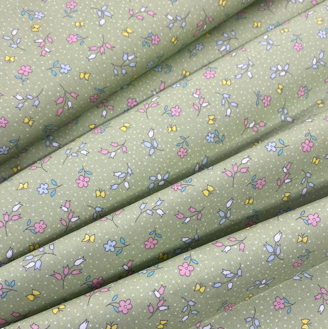 100% Cotton Poplin  - Mini floral - Green - £6.50 Per Metre -  Sold by Half Metre