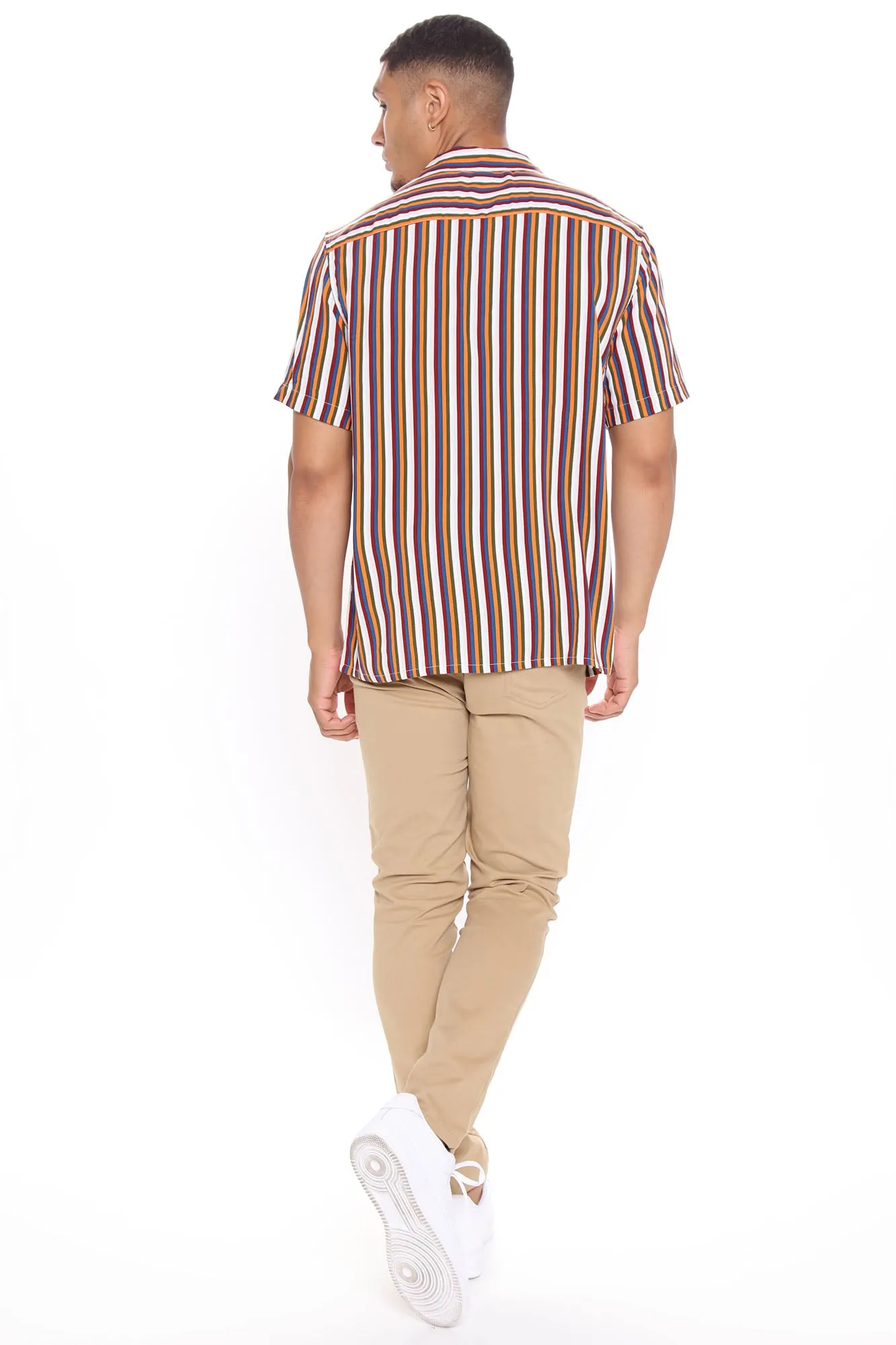 70s Vertical Striped Short Sleeve Woven Top - Orange/combo