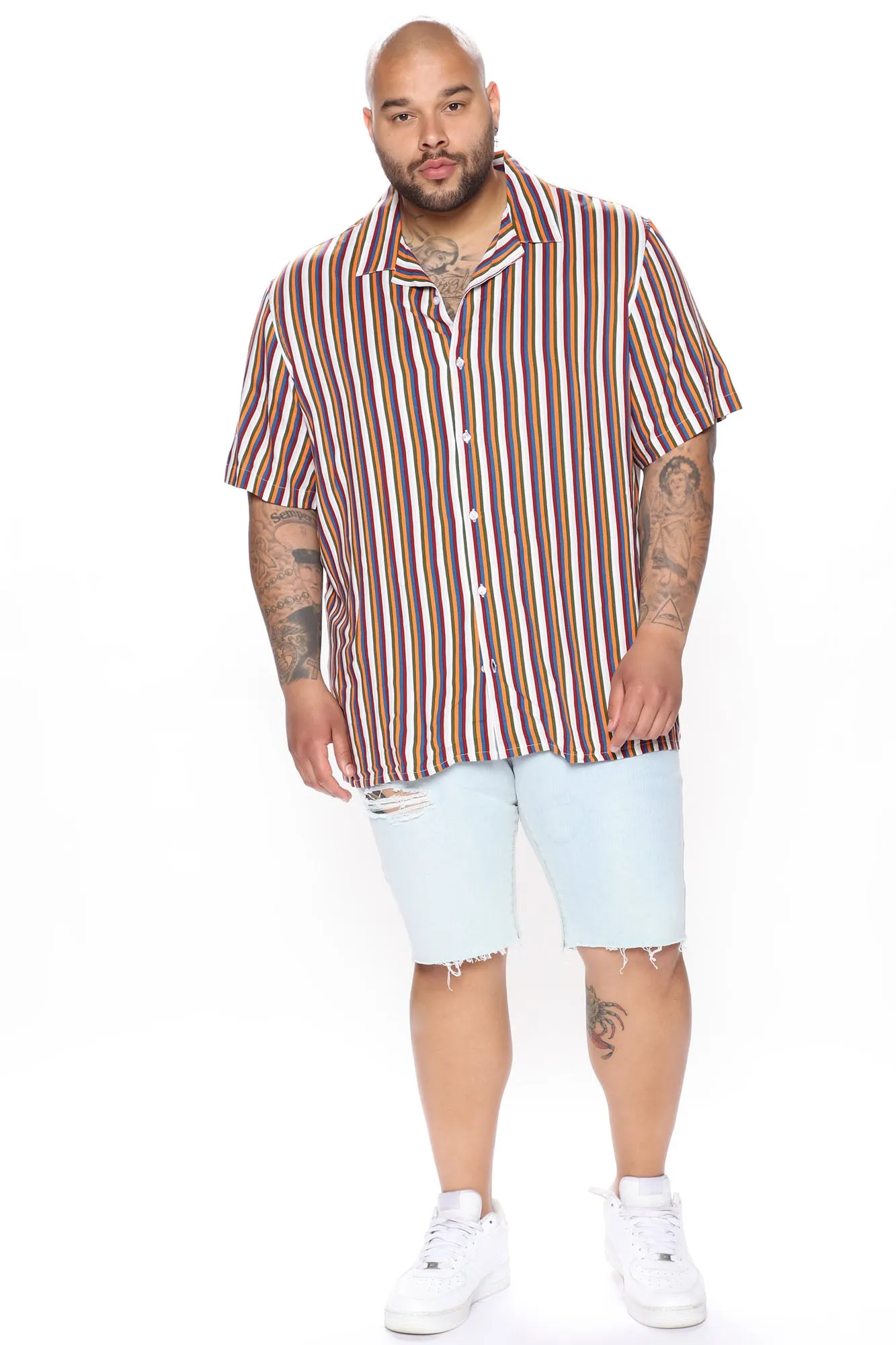 70s Vertical Striped Short Sleeve Woven Top - Orange/combo