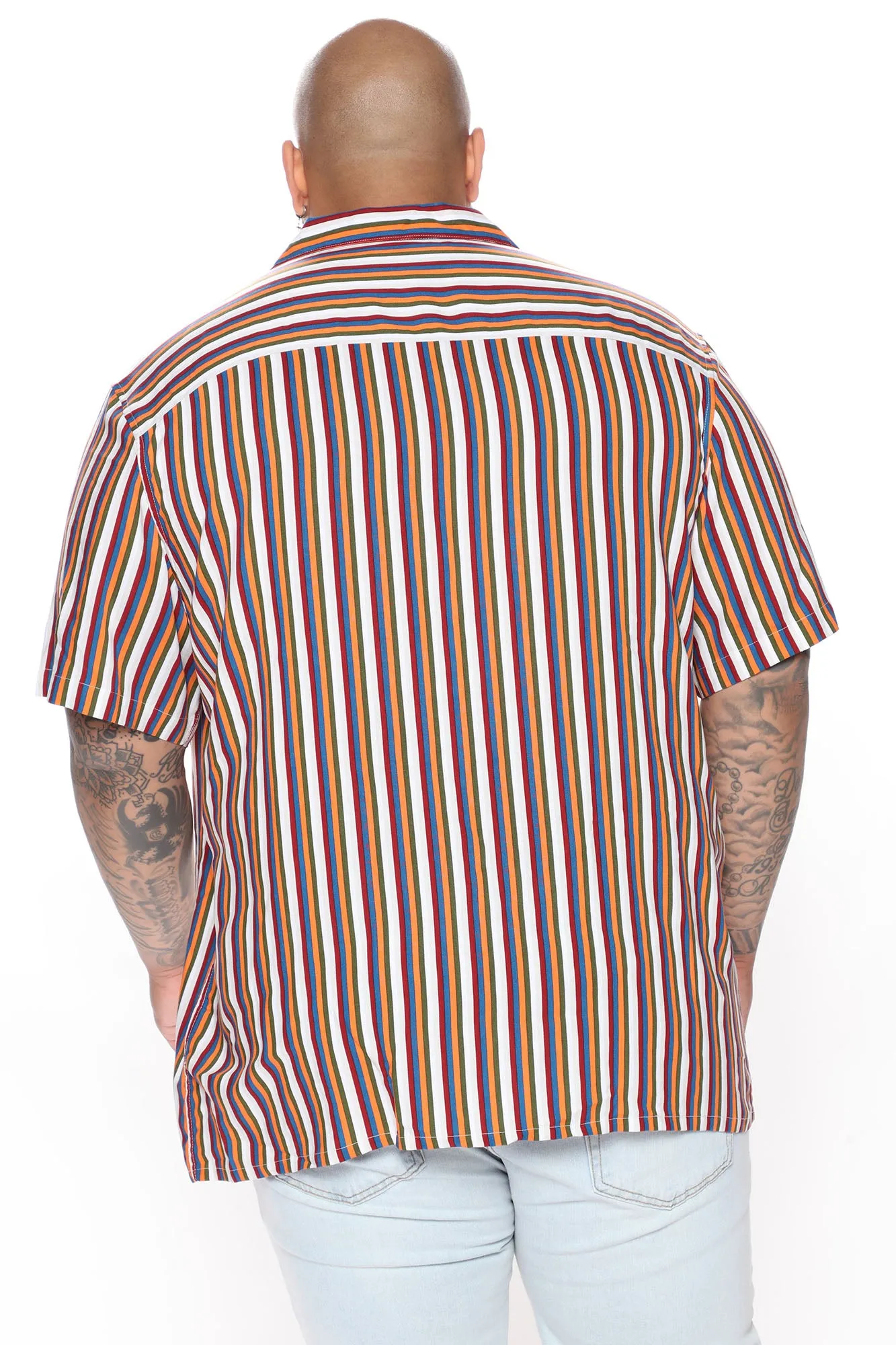 70s Vertical Striped Short Sleeve Woven Top - Orange/combo