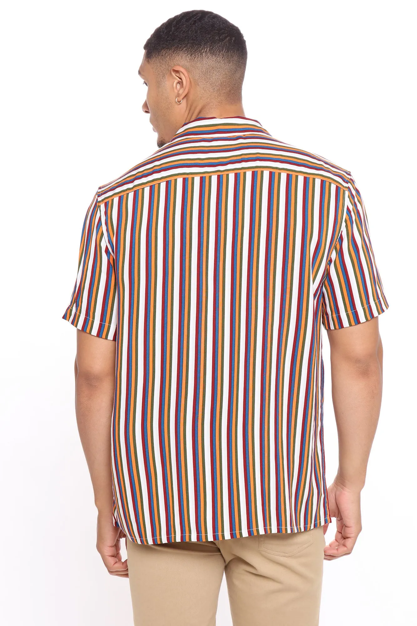 70s Vertical Striped Short Sleeve Woven Top - Orange/combo