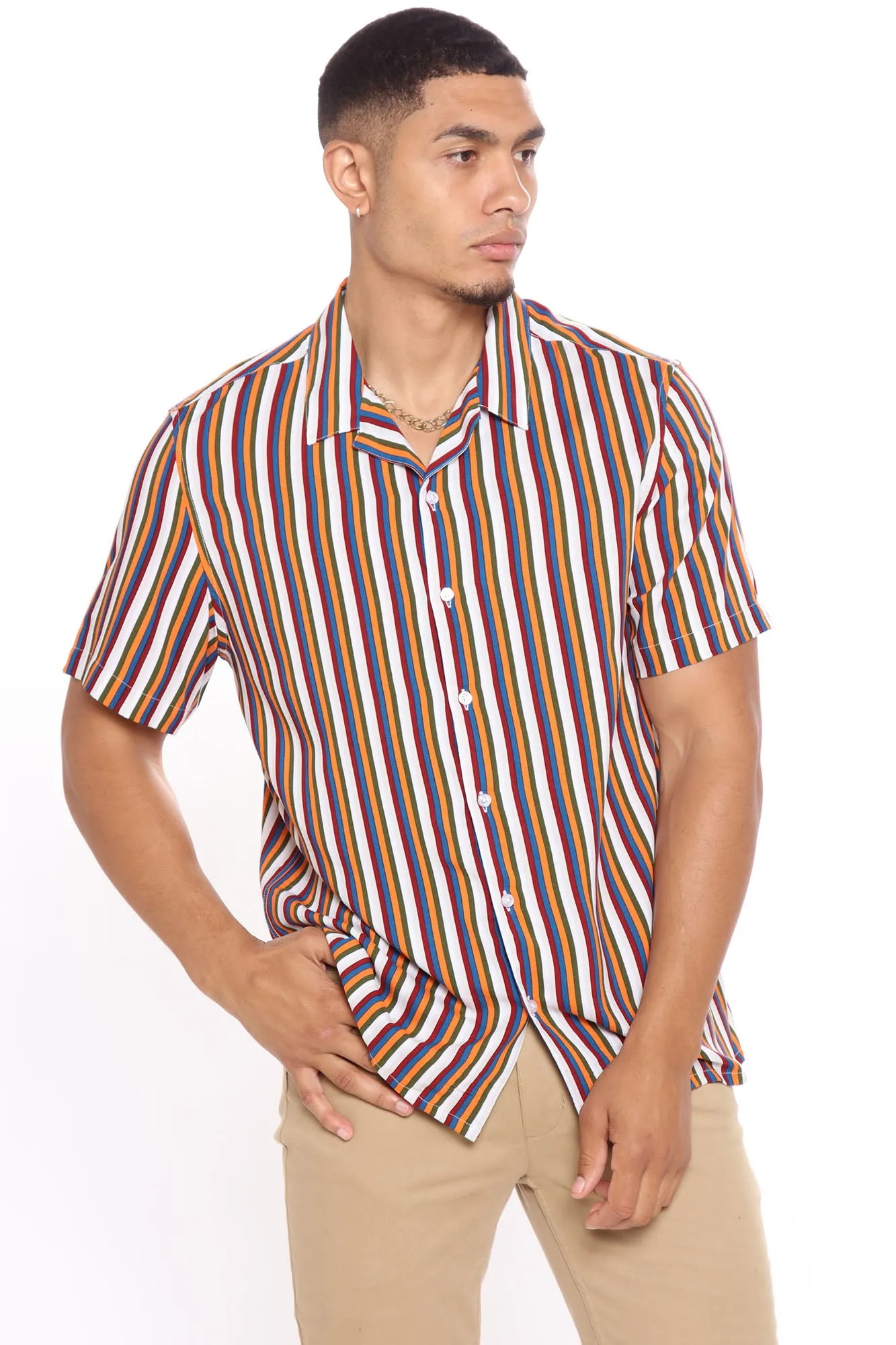 70s Vertical Striped Short Sleeve Woven Top - Orange/combo