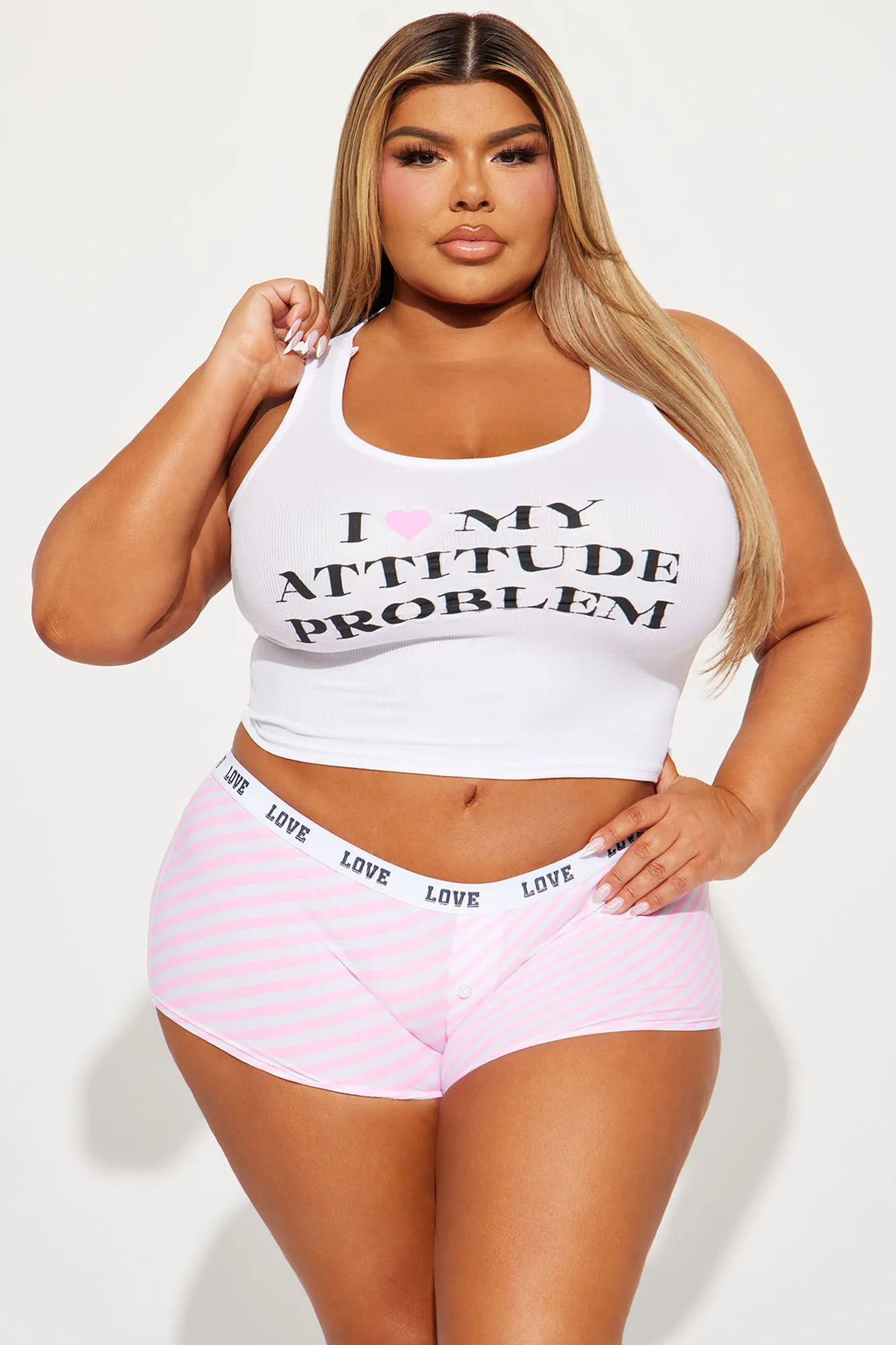 Attitude Problems PJ Boyshort Set - White/Pink