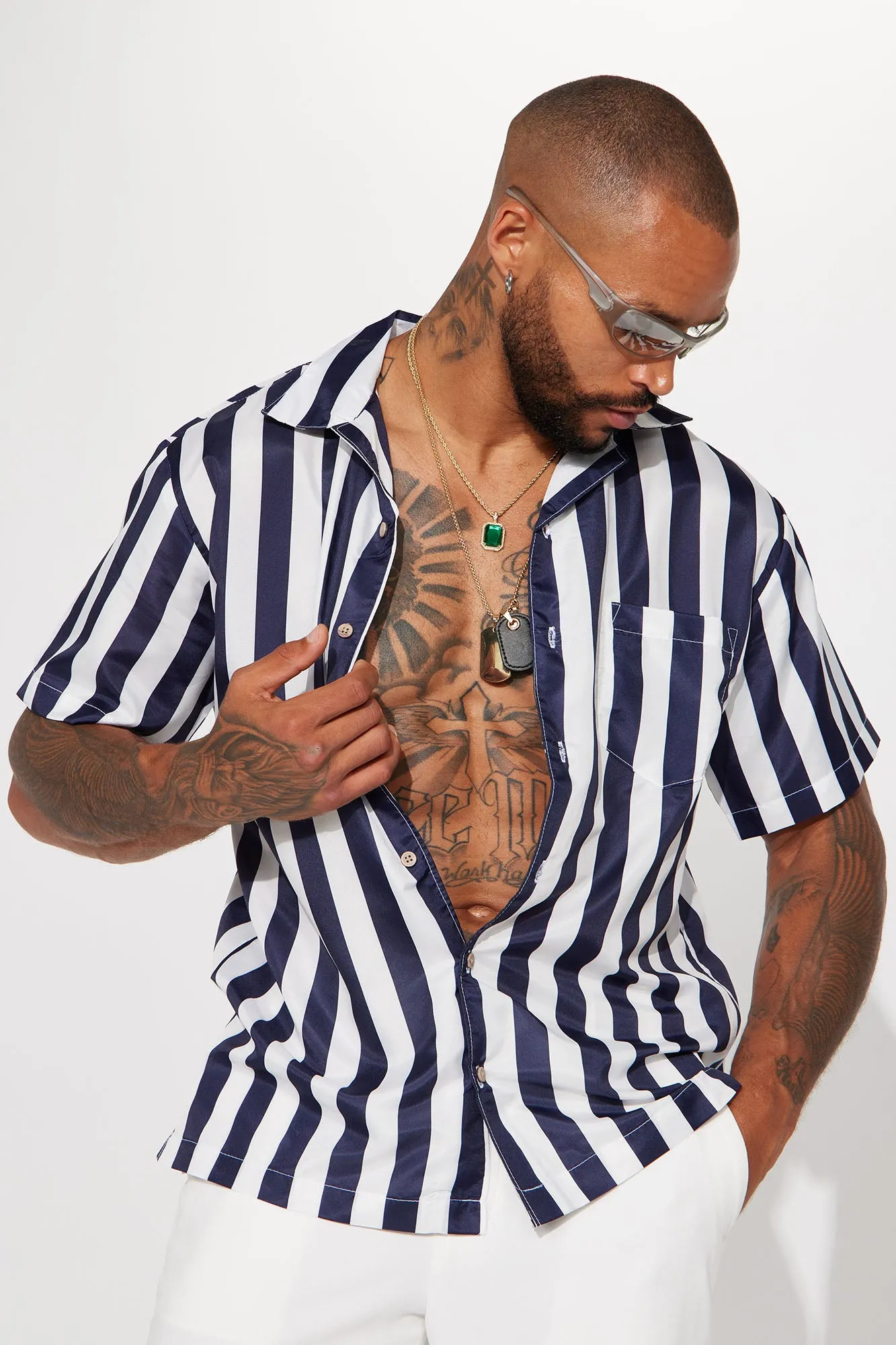 Beach Stripe Short Sleeve Woven Top - Navy/combo