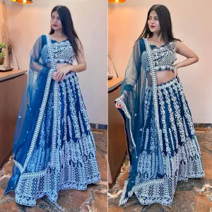 Blue Floral Embroidered Chiffon Lehenga Choli