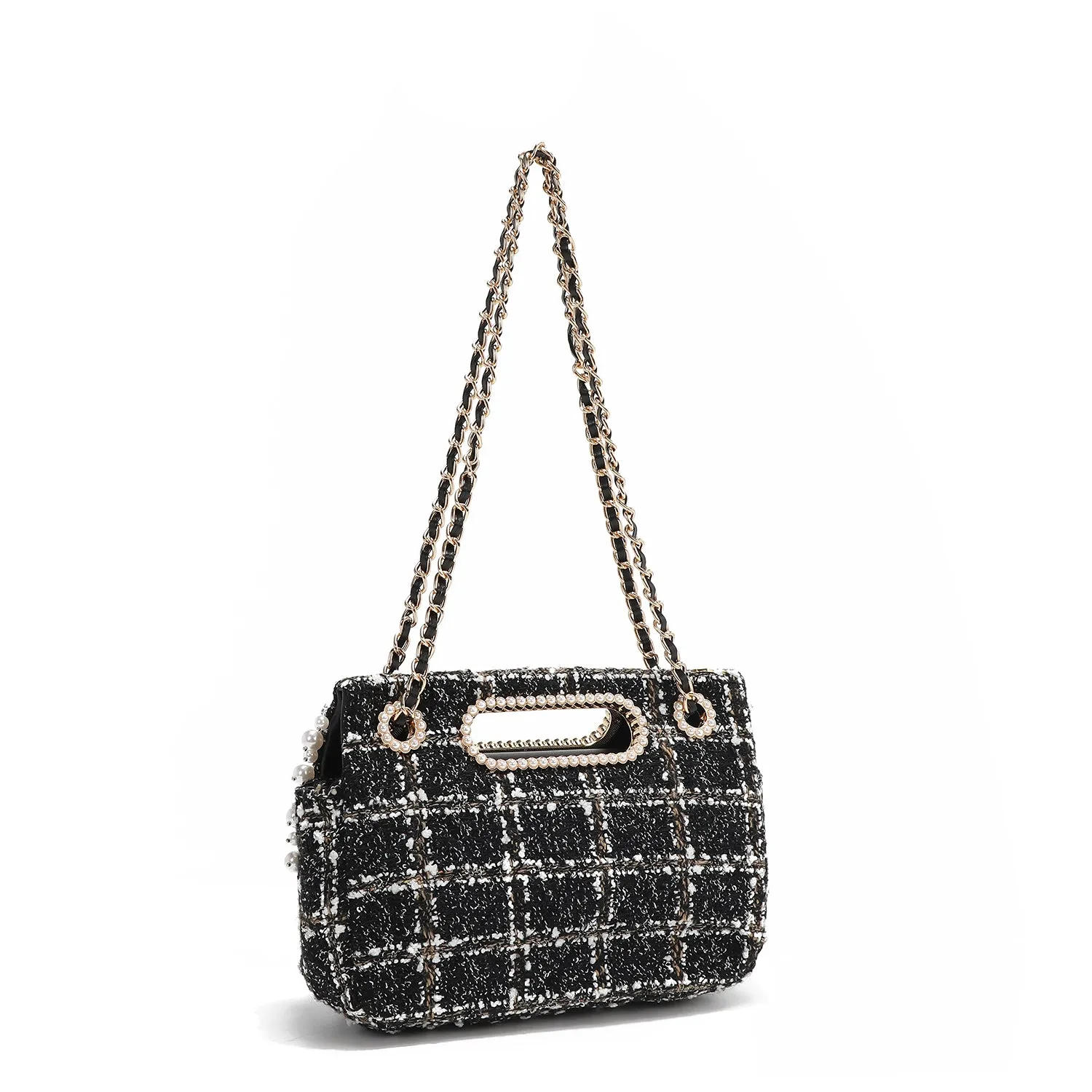 BOLSO CLUTCH ESTILO TWEED CON SOLAPA (NEGRO)