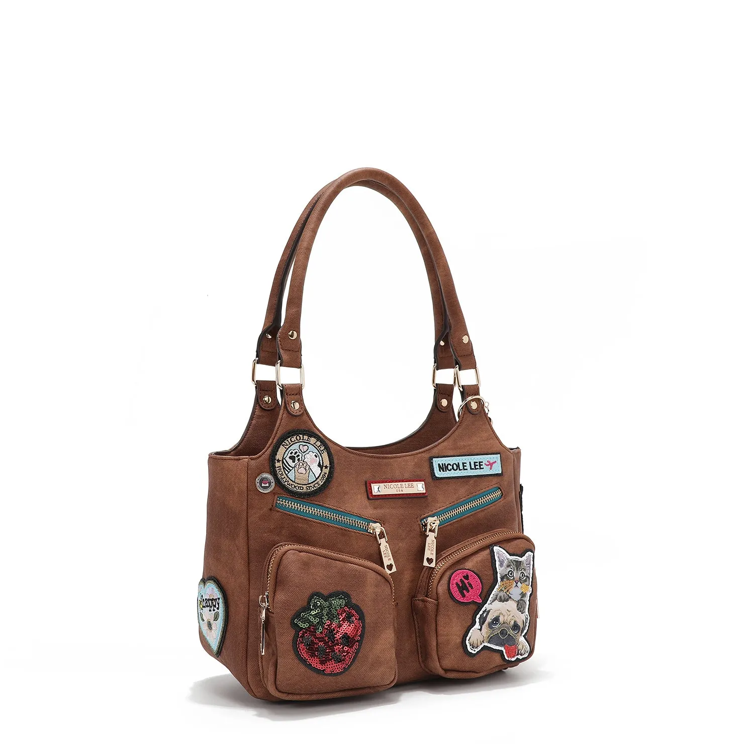 BOLSO DE HOMBRO CON MÚLTIPLES PARCHES (MARRON)
