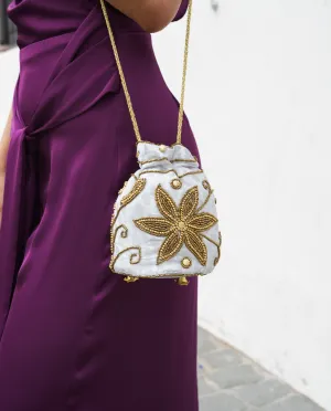 Bolso Indio Tara Flor Blanco Invierno/Dorado