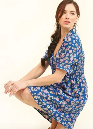 Collared Floral Print Dress with Lace Trim