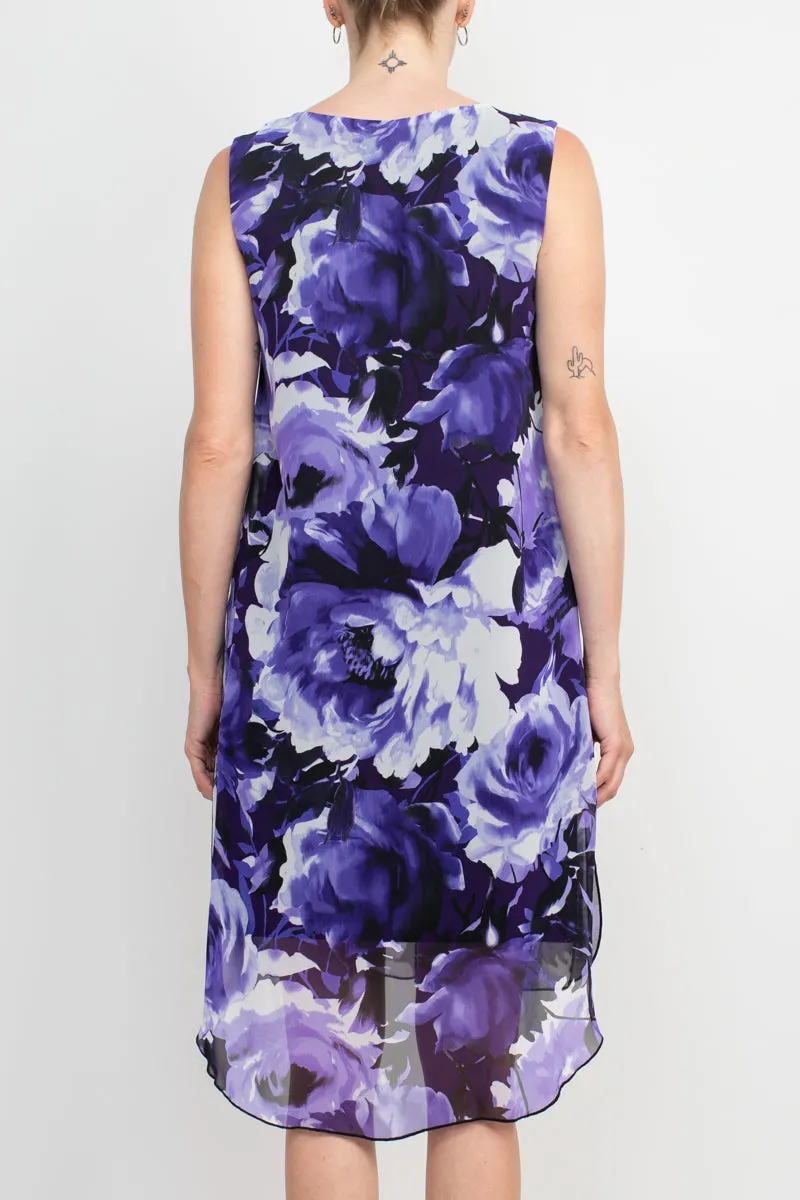 Connected Apparel Scoop Neck Sleeveless Floral Print Chiffon Overlay Stretch Crepe Dress