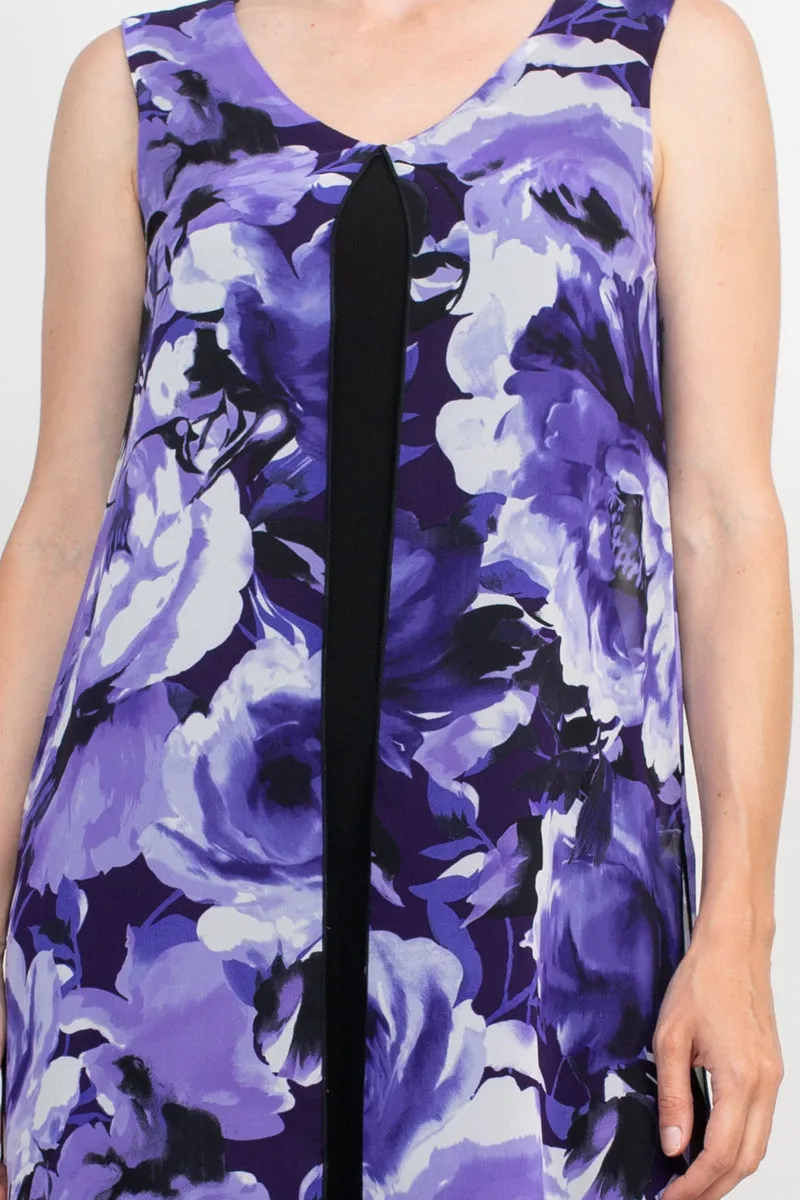 Connected Apparel Scoop Neck Sleeveless Floral Print Chiffon Overlay Stretch Crepe Dress