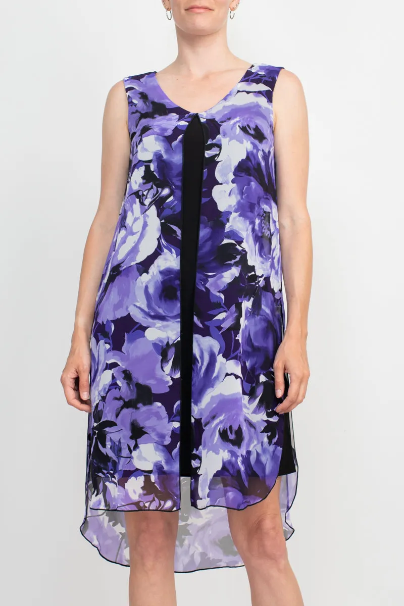 Connected Apparel Scoop Neck Sleeveless Floral Print Chiffon Overlay Stretch Crepe Dress