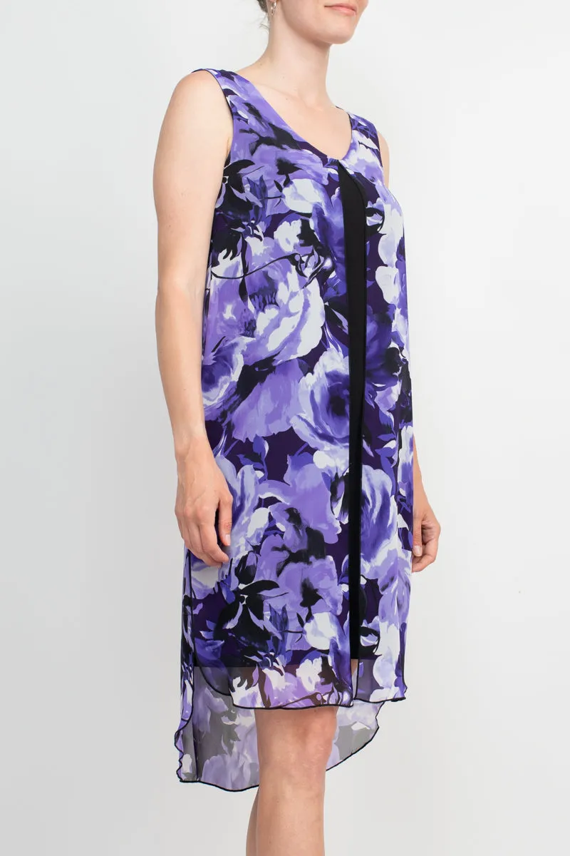 Connected Apparel Scoop Neck Sleeveless Floral Print Chiffon Overlay Stretch Crepe Dress