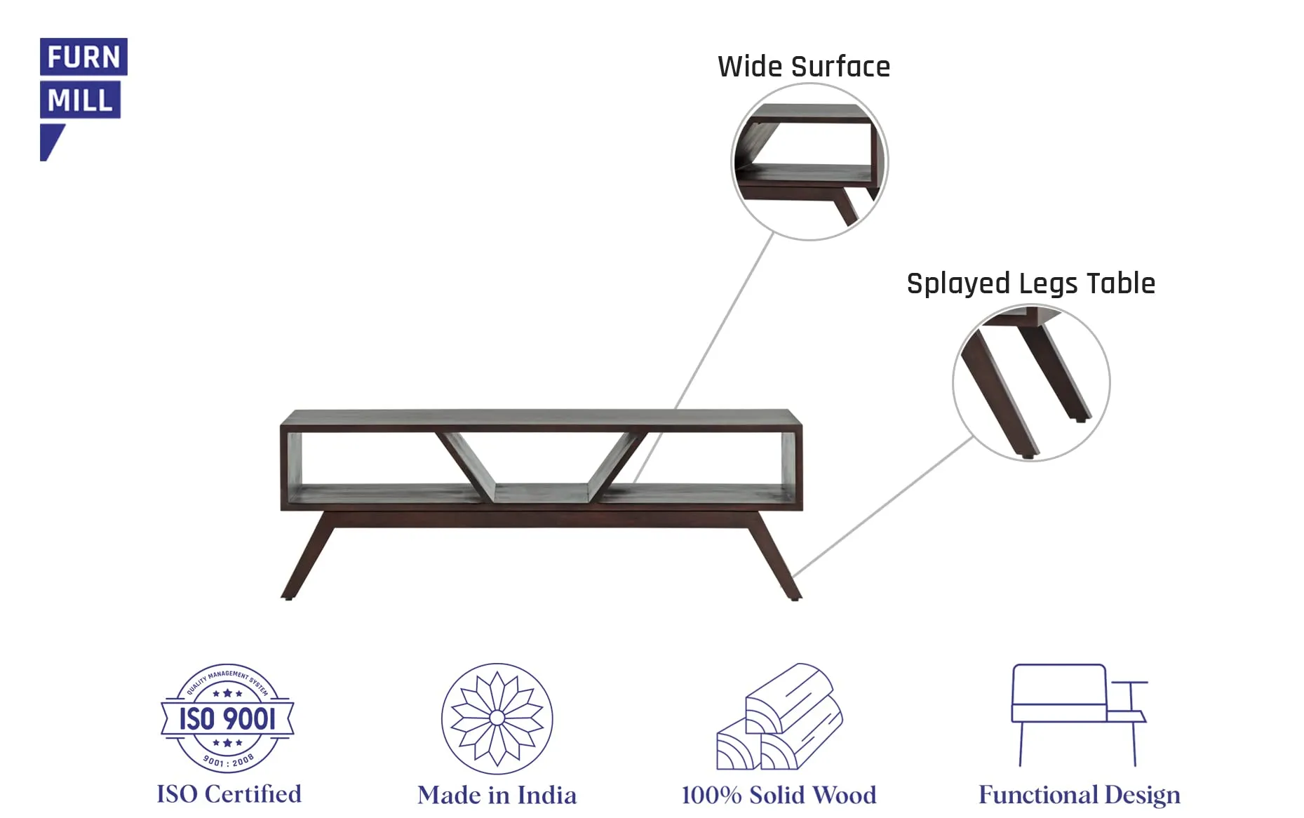 Furnmill Archive Center Table, Finish : Dark Walnut, Wooden Sofa Table for Living Room, Size : 120 X 50 X 40 CM