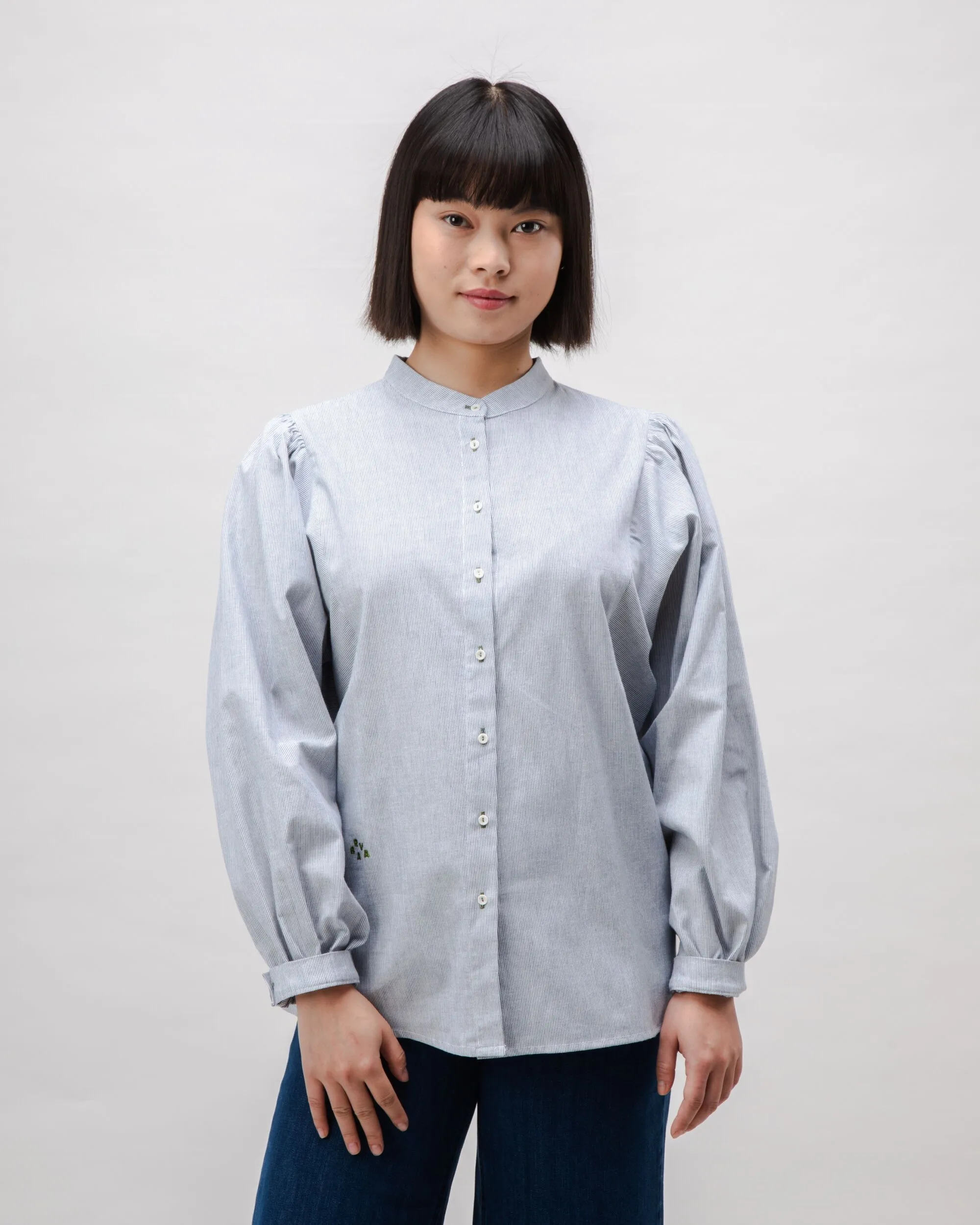 Pinstripes Romantic Cotton Blouse Indigo