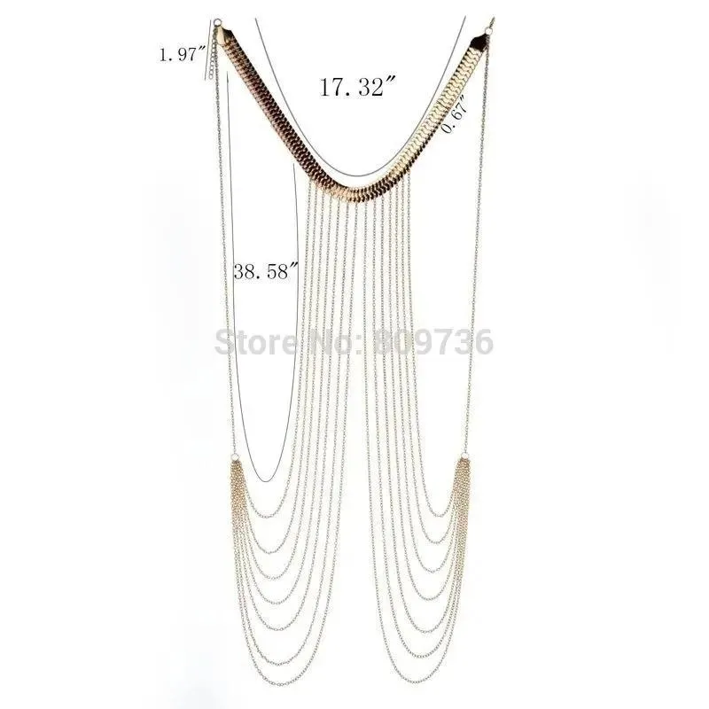 Women Sexy Multilayer Long Tassel Body Chains Necklace Punk Golden Bikini Beach Jewelry