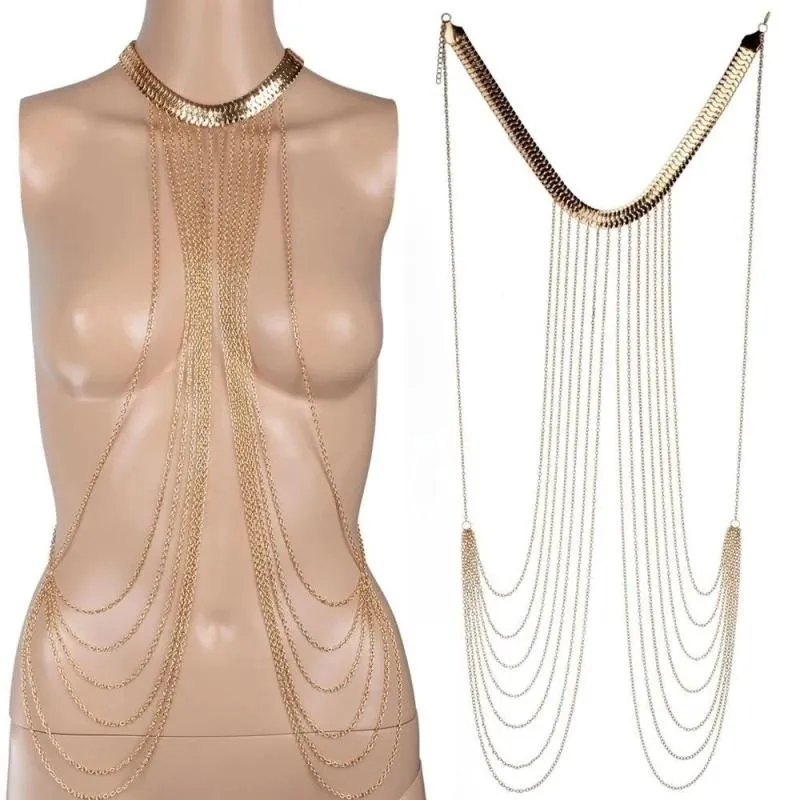 Women Sexy Multilayer Long Tassel Body Chains Necklace Punk Golden Bikini Beach Jewelry