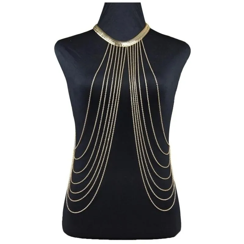 Women Sexy Multilayer Long Tassel Body Chains Necklace Punk Golden Bikini Beach Jewelry